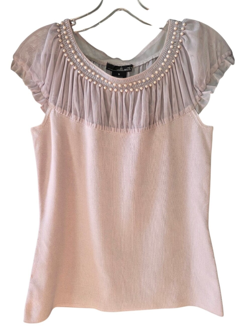 Willi Smith Lavender Gray Pearl-Trim Pleated Yoke Knit Top Size Small